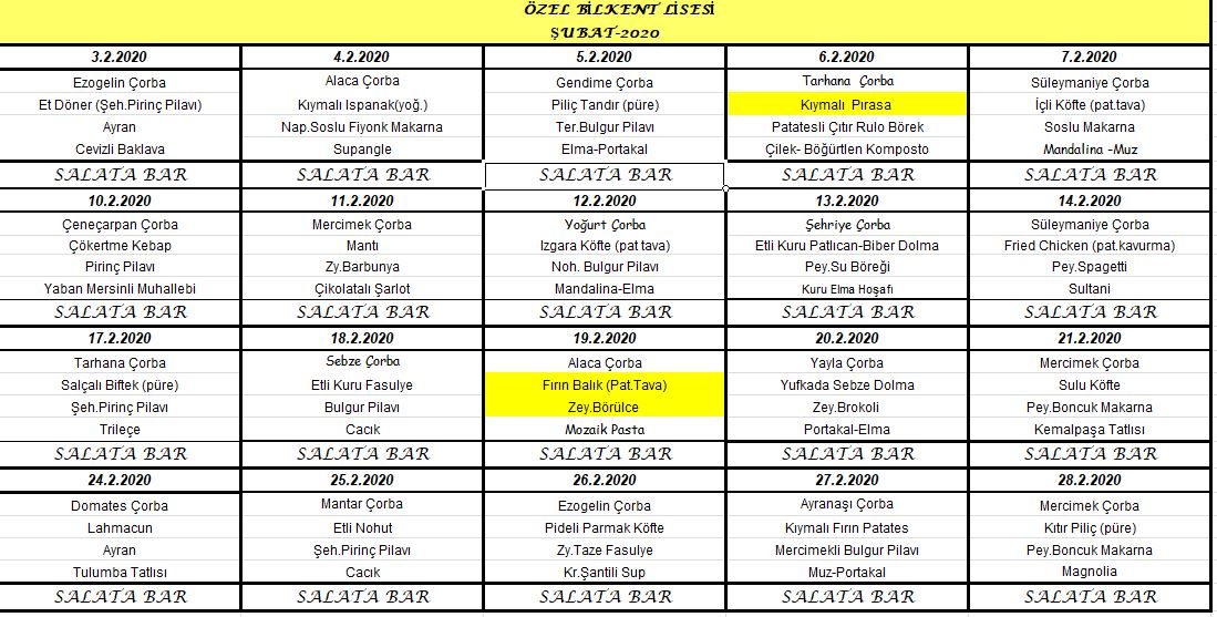 AYLIK YEMEK LİSTESİ İDV Bilkent High School